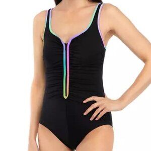 NWT - Shape Solver Sport for Swim Solutions Ruched Zip-Front One-Piece Size 12